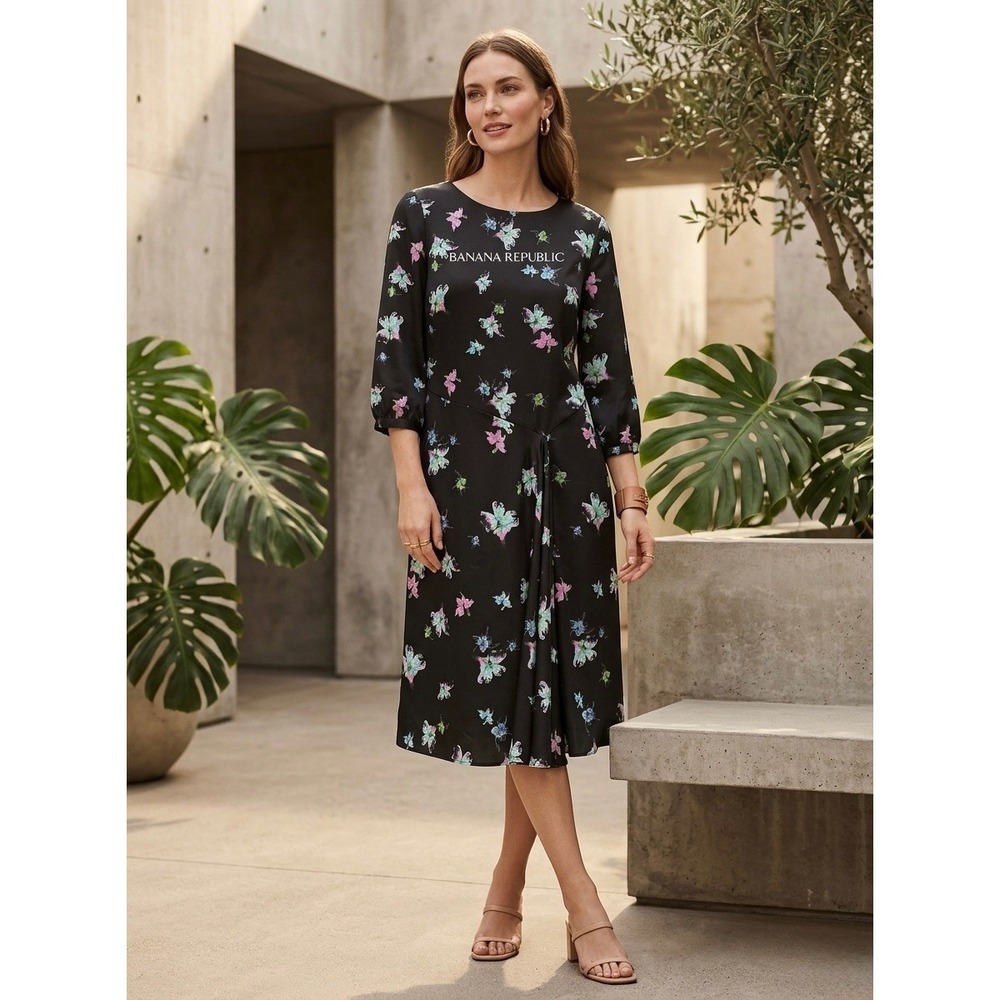Banana Republic Black Floral Draped Front Midi Dress 3/4 Sleeve Size 12